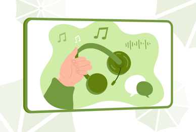 Illustration Noten, Sprechblasen und Hand, die Kopfhörer festhält