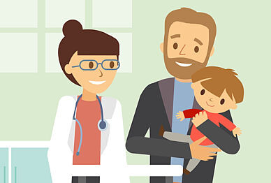 Illustration: Vater mit Kind auf dem Arm und Kinderärztin
