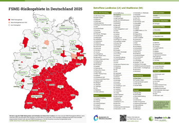 Übersichtskarte der FSME-Risikogebiete 2025 - Landkreise