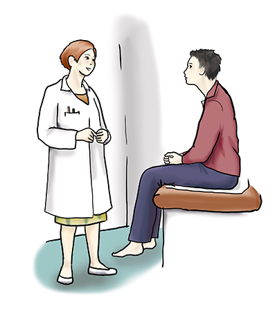 Die Illustration zeigt eine Aerztin im Gespraech mit einem Patienten.