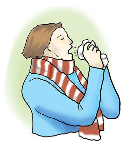 Die Illustration zeigt einen niesenden Mann, der ein Taschentuch vor die Nase haelt.