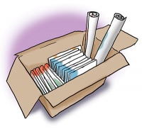 Die Illustration zeigt einen Karton mit Aufklebern und Postern